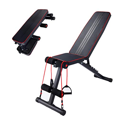 2021 Newest POSTWAVE Adjustable Weight Bench for Home Gym, Foldable Weight Lifting Workout Bench, Multi-Position Utility Bench for Full Body Workout, Folding Dumbbells Bench with Elastic Ropes