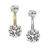 YHMM 14G Surgical Steel Gold Belly Button Rings, Internally Threaded 12mm Long Round CZ Navel Barbell Stud for Women Men (2 Pcs Clear, Gold+Silver)