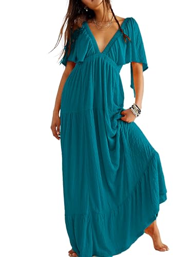 Image of Kikibell Women Summer Dresses Sexy V-Neck Maxi Dress Tiered Silhouette with Flutter Sleeve Backless Elastic Waist Flowy Dress