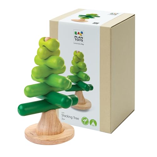 Image of PlanToys Montessori Wooden Tree Stacking Toy | Educational Color Sorting & Fine Motor Skill Playset for Toddlers | Sustainable & Safe Wooden Learning Toy