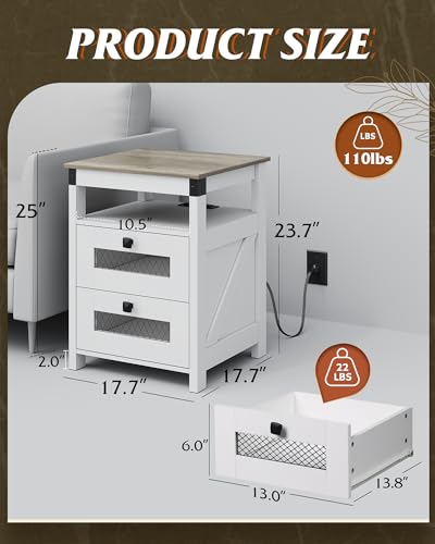Image of WLIVE Nightstand with Charging Station, Farmhouse End Table, Bed Side Table with 2 Storage Drawers and Open Shelf, Wood Rustic Nightstands for Bedroom, White and Greige