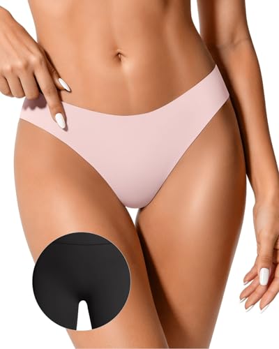Image of OEAK Seamless Thongs for Women Invisible Thongs No Show Thong Panty Liners Tangas Comfortable Workout G-Strings Underwear Peach M