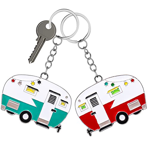 Thinp 2 Pcs Camper Keychain Set, Enamel Metal RV Travel Trailer Keyrings, Retro Camping Car...