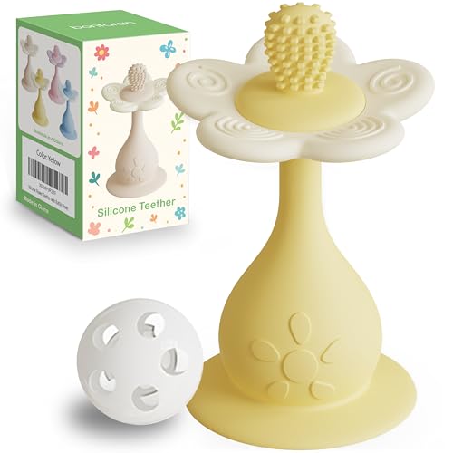Image of Flower Teether Rattle, Silicone Baby Teething Toy 0-24M [Yellow] | 360 Multi-Texture, Nipple-Shaped End, Anti-Choking Design, Stand-Up Base, Baby Girl & Boy Teether, BPA-Free, Teething Relief