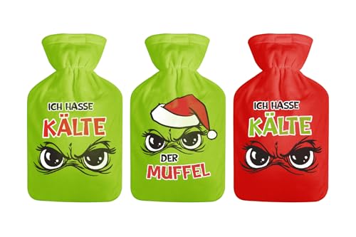 M.Kritzinger's Wärmflasche 2L mit Überzug, Weihnachtsmuffel Festtagsmuffel Design, 3 Designs (Der Muffel)