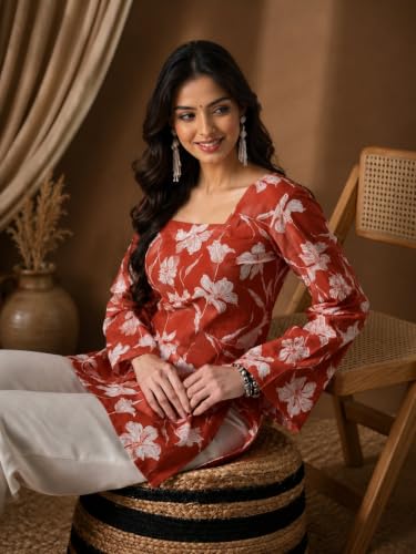 Image of Rayon Floral Print Short Kurti for Women | Square Neck Long Sleeve Top for Women | Criss Cross Back Desing Kurti | Soft Breathable Fabric | Relaxed Fit | Casual and Office Wear