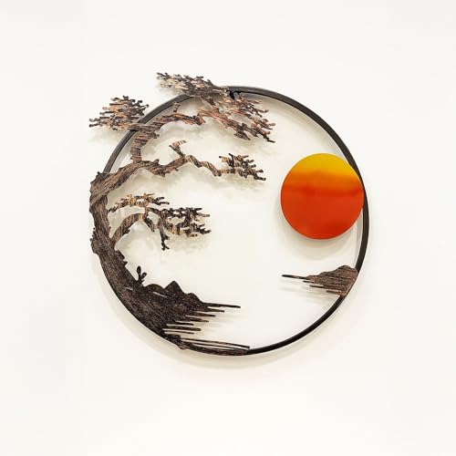 Image of RAZISH Sunset Serenity metal Wall Art | Abstract Sun Wall Decor | Modern Handcrafted Luxury Designer Sun Iron Wall Decor | Perfect for Living Room, Drawing Room, Hotel, Restaurant (Brown Leaves)