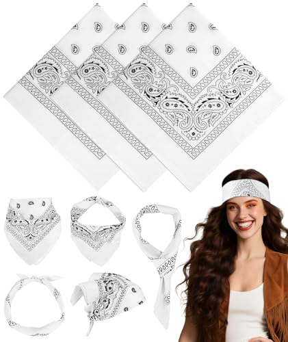 MEEZY 3 Pcs Bandanas for Women Men Paisley Pattern Bandana Head Scarf Handkerchiefs Outdoor Multi-Purpose Cowboy Face Mask Square Scarf Headwear for Boy Girls 100% Polyester (3 White)