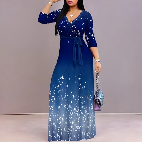 Image of PinkPatty Women's Plus Size V Neck 3 /4 Sleeve Boho Maxi Dress with Pockets