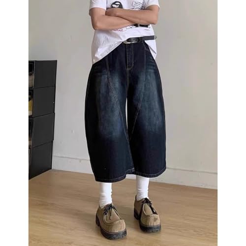 Retro deep Blue Embroidered Curved Knife Denim Multifunctional Wide Leg Cropped Pants Suitable Men Women Summer3