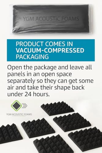 Image of YGM Acoustic Foams Pyramid Acoustic Panels 12″x12″x2″ Thick, Echo & Sound Absorption | Acoustical Sound Proof Foam for Room, Studio, Charcoal Black Set of 18 (Moon Grey, 50 Density) (Self-Adhesive)