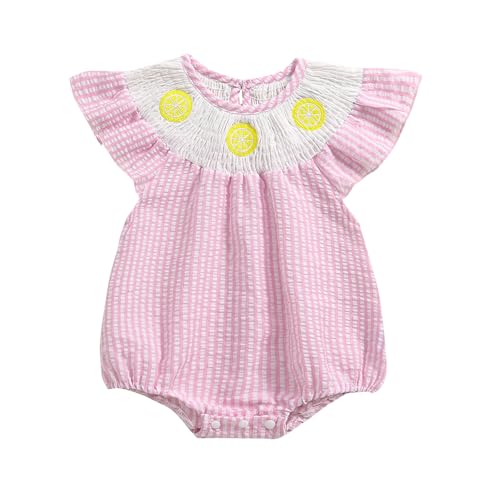 Image of Smocked Baby Girl Clothes Watermelon Fruit Stripe Print Puff Sleeve Bubble Romper Frill Trim Ruffle Bodysuit Clothes