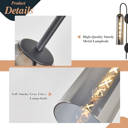 Image of BOKT Mid Century Plug in Wall Sconce Black Bathroom Wall Mounted Light with Smoke Glass Minimalist Long Wall Decor Lamp Plug in Cord Modern Bathroom Vanity Sconces Indoor Bedside Wall Lamp