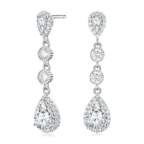 EAMTI Silver Dangle Teardrop Earrings for Women Cubic Zirconia Pear Cut Sterling Silver Post Engagement Wedding Birdal Drop Earrings for Brides
