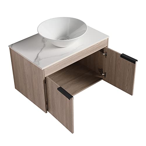 Ssline 30" Bathroom Vanity With Deep Bowl Sink Wall Mount Small Bathroom Vanity Cabinet With Marble Top &Above Counter Ceramic Vessel Sink White Oak Wooden Bathroom Vanity Basin Combo For Small Space #TOP4