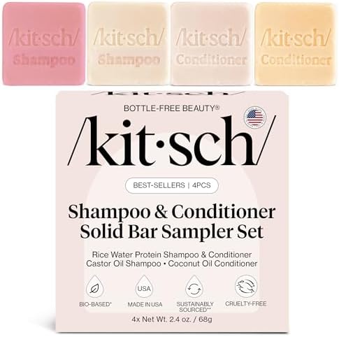 Kitsch Shampoo and Conditioner Set - 4pc Sampler Bars with Rice Water Shampoo and Conditioner, Castor Oil Shampoo & Coconut Oil Conditioner - Bottle-Free Beauty for Hair Growth, Repair & Moisture