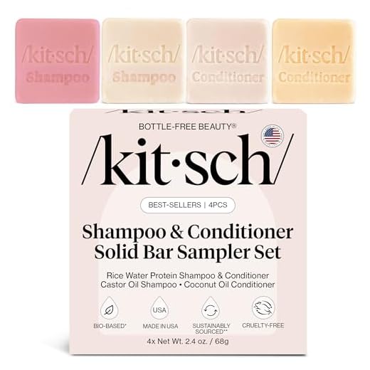 Kitsch Shampoo and Conditioner Set - 4pc Sampler Bars with Rice Water Shampoo and Conditioner, Castor Oil Shampoo & Coconut Oil Conditioner - Bottle-Free Beauty for Hair Growth, Repair & Moisture