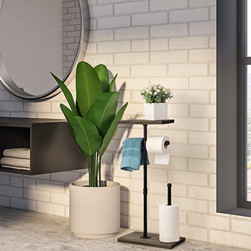 Freestanding Tissue Paper Holder, Industrial Toilet Paper Holder Stand With Reserve Wood Shelf And Wrought Iron Pipe, Vintage Steampunk Floor Standing Paper Holder For Farmhouse Bathroom Washroom #TOP1