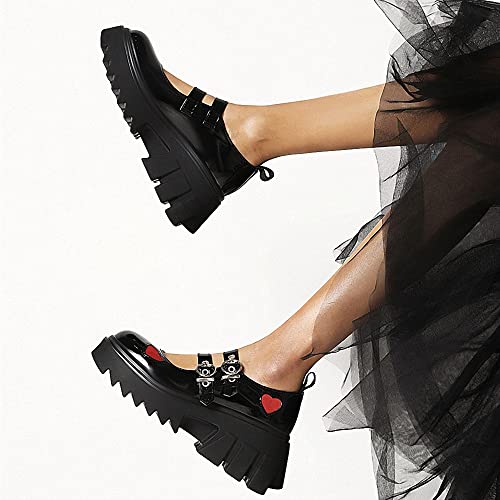 Image of Women's Platform Mary Janes Heart Cat Buckle Rivets Ankle Lolita Gothic Princess Platform Pumps Patent Leather Thorn Vintage Traditional Embroidery Upper Dress Shoes