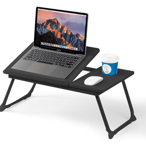 Mesa para Cama y Sofá: Plegable Bandeja para Cama con Tapa Ajustable y Portavasos, Mesa Cama Ordenador en Tablero MDF y Metal, 56x32x25 cm (Negro)