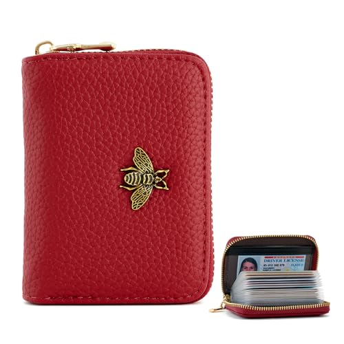 WOZEAH Carteira feminina de couro para cartão de crédito com bloqueio de RFID e zíper, Vermelho, 4.33 inches x 3.22 inches x 0.98 inches, liso