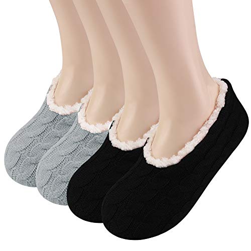 2 Pairs Womens Slippers Socks with Grippers, Non slip Winter Fluffy Fuzzy Slipper socks for women