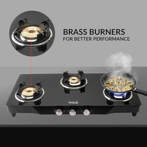 Image of IVAS Ultraflame 3 Burner Premium Glass Cooktop | ISI Certified | Diamond Cut Design |Thick Toughened Glass |Sturdy Pan Support | Safety, Reliability, High Efficiency | 5 years warranty on Glass