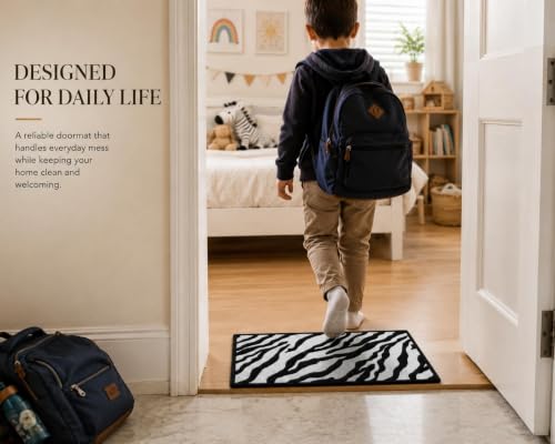 Image of Matz&More Zebra Print Door Mat 40 x 60 cm | Anti-Slip Nylon Tufted Indoor Floor Mat with Rubber Backing | Decorative Entrance, Bedroom, Bathroom, Kitchen & Kids Room Rug | Black & White