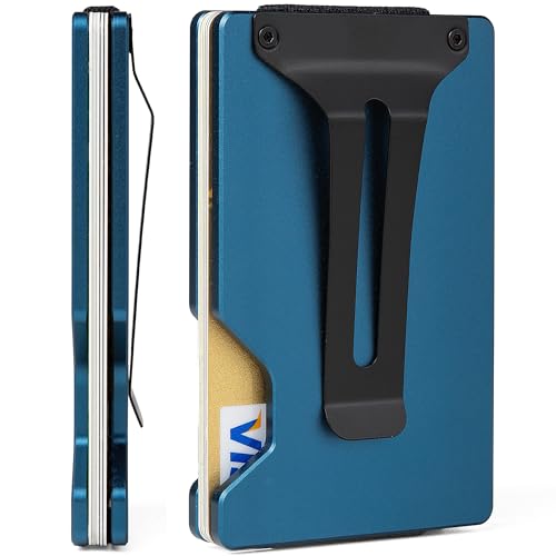 Image of Minimalist Wallet for Men, Slim Metal RFID Blocking Wallet Credit Card Holder Money Clip & Cash Strap, Scratch-Resistant Holds 15 Cards,Ideal Gift for Men | Matte Blue
