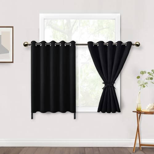 DWCN Black Short Blackout Curtains for Small Window, Room Darkening Thermal Insulated Energy Saving Curtains for Kitchen/Bedroom with Tiebacks, W60 x L36 inch, Set of 2 Panels