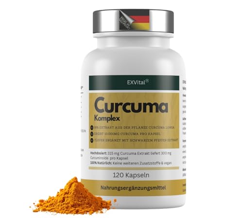 EXVital® Curcuma Komplex – 315mg Curcuma Extrakt pro Kapsel, 95{1ea0ec6d7b424dbde5c5beb9b83f5c1500c12c41408a1dc64c46994bfcc483c7} Extrakt mit hohem Anteil an Curcumin, entspricht 10.000mg Kurkuma – Hochdosiert & ohne Zusätze, 120 Kapseln EXVital® Curcuma Komplex – 315mg Curcuma Extrakt pro Kapsel, 95{1ea0ec6d7b424dbde5c5beb9b83f5c1500c12c41408a1dc64c46994bfcc483c7} Extrakt mit hohem Anteil an Curcumin, entspricht 10.000mg Kurkuma – Hochdosiert & ohne Zusätze, 120 Kapseln