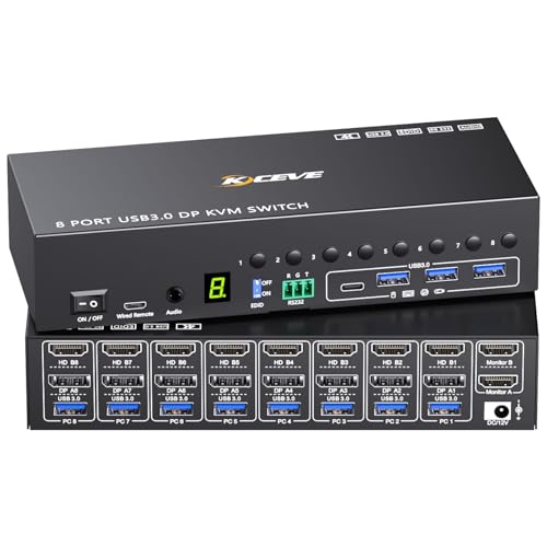 Conmutador KVM DisplayPort HDMI de 8 puertos, 2 monitores, 8 computadoras 4K a 60 Hz, simulación EDID, 8 interruptores KVM de doble monitor con 4 puertos USB 3.0, audio, RS232, con control remoto con