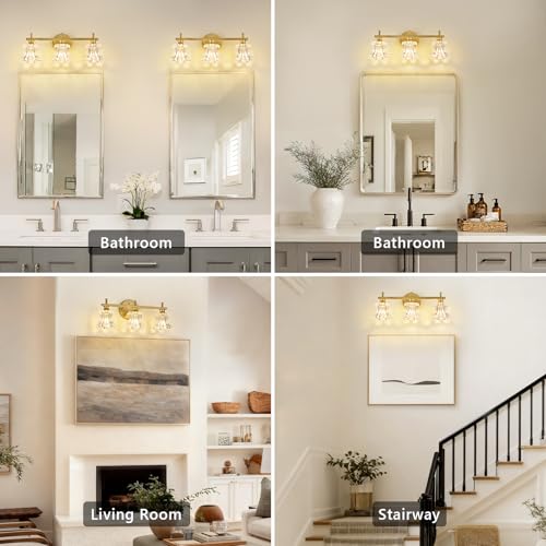 Image of Gold Bathroom Light Fixture 3-Lights Vintage Vanity Lights | Easy Installation,Elegant Clear Glass Shades,Wall Mount Up or Down