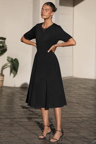 Newshows Womens 2025 Summer Teacher Work Modest Dresses Ultra Soft Short Sleeve Midi Old Money Clothes Business Casual Dress2