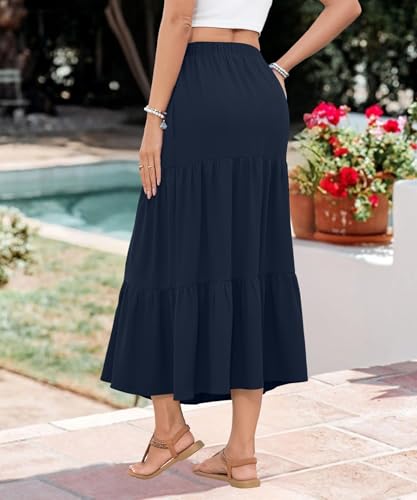NILOUFO Women Summer Casual Maxi Skirt Fashion High Waist Elastic Tiered Pleated Beach Skirts with Pockets(Navy Blue, Large)4