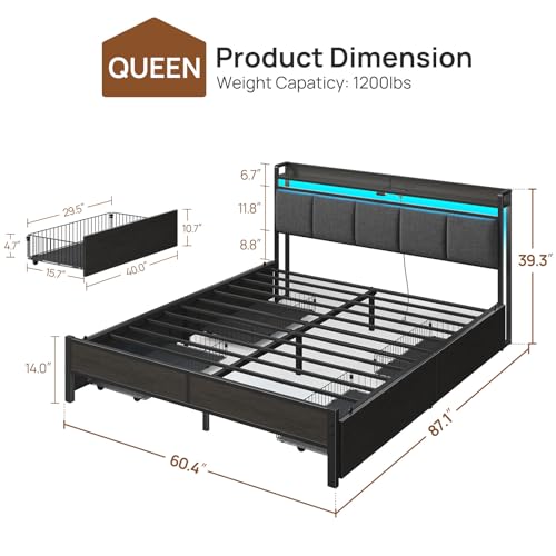 Image of Rolanstar Bed Frame Queen Size with Charging Station and LED Lights, Upholstered Storage Headboard with Drawers, Heavy Duty Metal Slats, No Box Spring Needed, Noise Free, Easy Assembly, Dark Grey