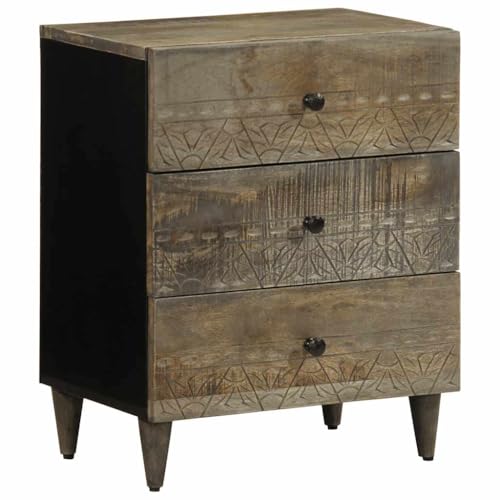 Foknhdi Mesita de noche, color gris claro, 50 x 33 x 60 cm, de madera de mango macizo, cómoda con fachada tallada, diseño moderno y espacio de almacenamiento, mesa lateral para dormitorio, sala de