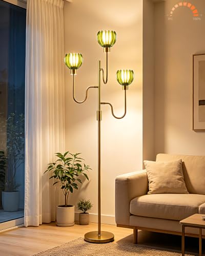 Image of Lightdot Dimmable Green Glass Floor Lamp Mid Century Modern Gold Floor Lamps with Warm White Bulbs Included 3-Arm Standing Tall Lamp with 5Lbs Heavy Base for Living Room /Bedroom /Home Office