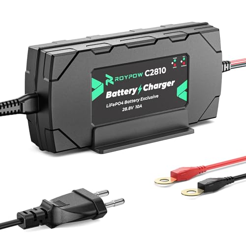 RoyPow Caricabatterie LiFePO4, 10A, 28,8V, Caricabatteria di Mantenimento con Funzione di Attivazione per Batterie al Litio LiFePO4 da 24V per Auto, Camion, Moto, Tosaerba, Barche