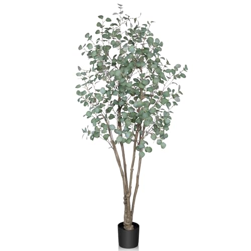 7FT Artificial Eucalyptus Tree Indoor, Tall Faux Eucalyptus Plant with Pre-Potted Realistic Silk...