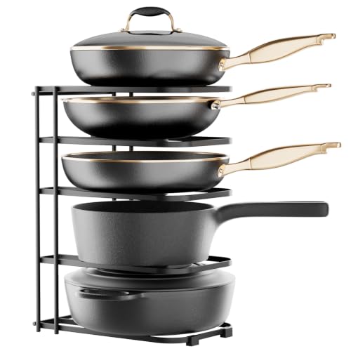 5-Tier Pot and Pan Organizer 13.6″, No Assembly Cookware Rack 1-Pack | One-piece Design, Multi-height Layered,Anti-Tip Structure, Dual Vertical & Horizontal Use, Fits Cast Iron Pans & Dutch Ovens