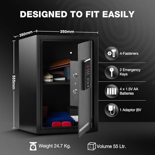 Image of Ozone 55L Digital Biometric Safe Locker for Home & Office | Fingerprint Access | Auto Secure Motorized Lock | Electronic LED Display | Heavy-Duty Steel | 36D x 35W x 55.5H cm | Black | 2-Year Warranty