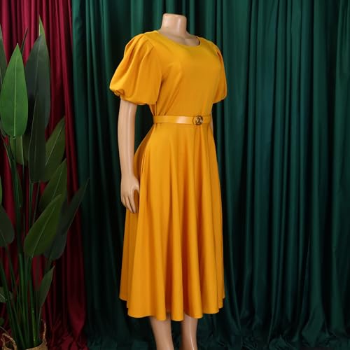 Women's Stylish Round Neck Puff Sleeve Dress Elegant Short Sleeve High Waist A-Line Big Swing Office Dress with Belt (Color : Yellow, Size : Small)4