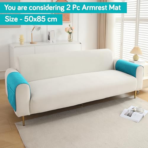 Image of HOKIPO Polyester Quilted Sofa Armrest Cover With Pockets, Teal, Pack Of 2 (1 Pair) (In-787-Tl*2)