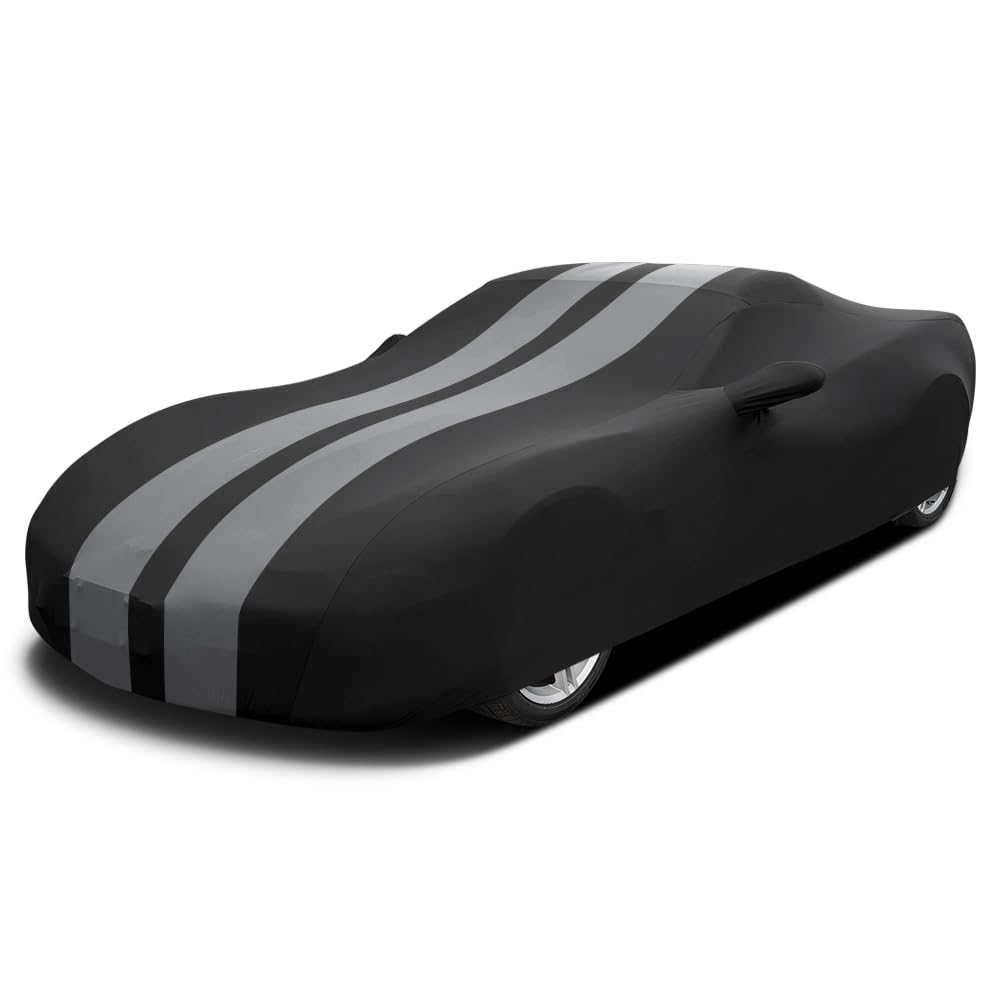Interno Copertura per Auto Sportive, con Cappuccio Pieno Protezione, Tessuto Elastico in Velluto Morbido, Traspiranti per il Garage/Auto Show/Mostra, L4.5~4.85m, Stried Grigio+Nero