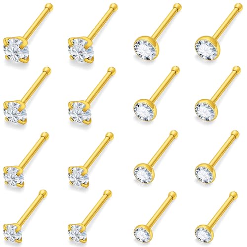 Lsnevsie Nose Rings Studs for Women 22G 316L Surgical Stainless Steel Straight Gold Hypoallergenic Nose Ring Stud Pin Bone Piercing Jewelry for Women Men Round Diamond Clear CZ 1.5mm 2mm 2.5mm 3mm