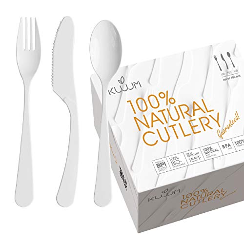 Compostable Biodegradable Disposable Cutlery - Feels Like real Silverware  300 pcs Forks Spoons Knives Eco Friendly Utensils set made from Cornstarch - Perfect alternative to plastic bamboo wood