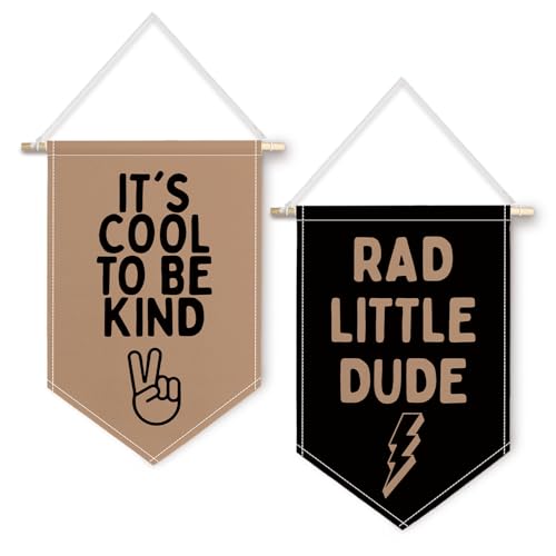 ChissNook Boy Nursery Canvas Banner Set of 2, Rad Little Dude It's Cool to Be Kind Hanging Pennant Banner Flags Wall Display, Neutral Positive Wall Decor for Kids Boys Room Bedroom Playroom
