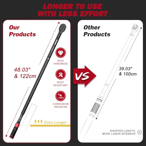 Image of VANPO 1-inch Drive Click Torque Wrench, 200-1200 Ft-Lb,for Trucks | 271-1626 Nm, 48.03'' Length, 48-Tooth, Heavy-Duty Torque Wrench Set with a Hex Key & Industrial Machinery