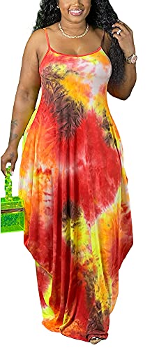 Image of BFFBABY Women's Casual Maxi Dress Sleeveless Tie Dye Spaghetti Strap Summer Plus Size Swing Sundress with Pockets